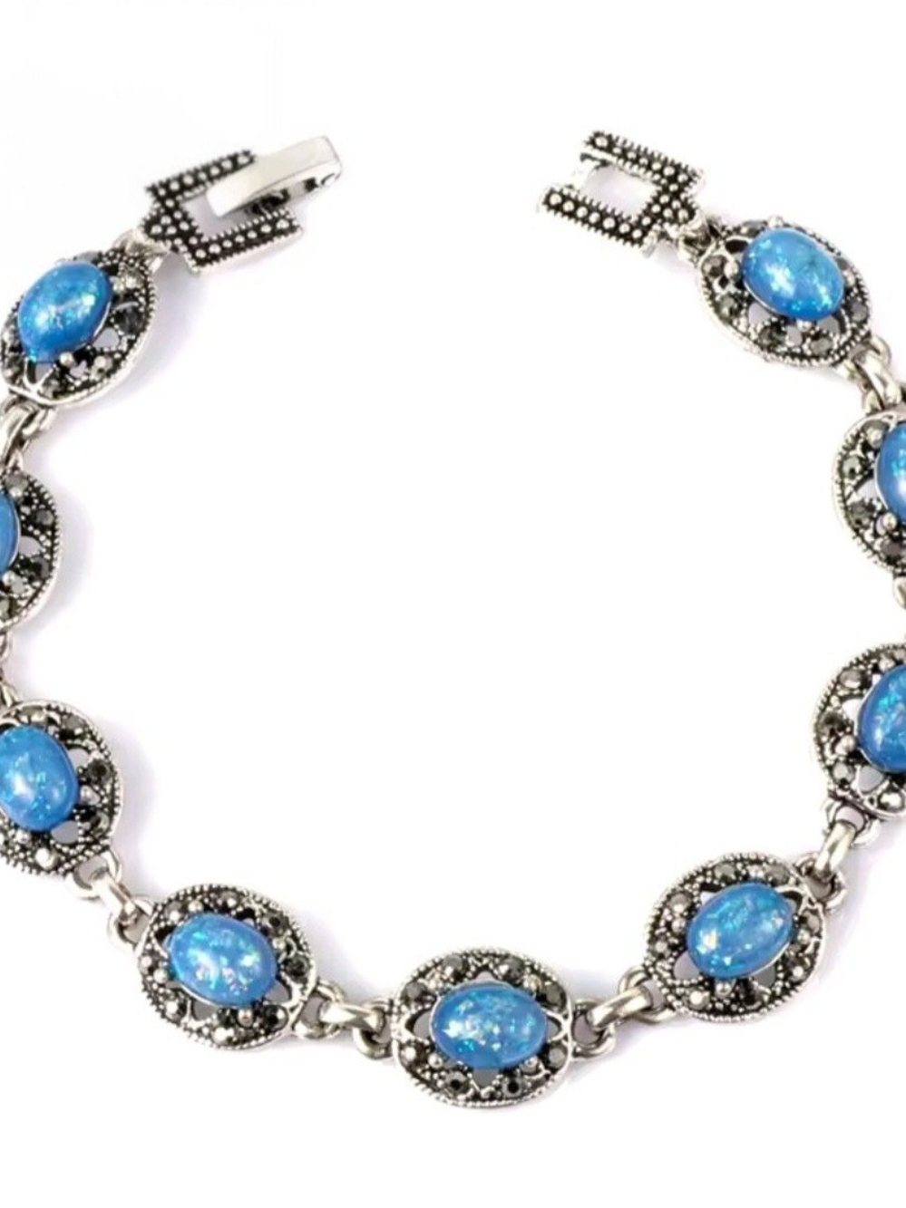 Stunning Blue Opal inlay In Sterling Silver Link Bracelet with Marcasite Link